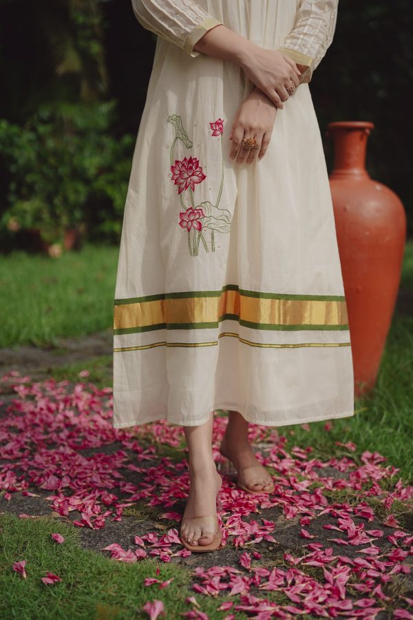 knee length dresses for ladies Onam Offwhite dress – Loomroot main image 1