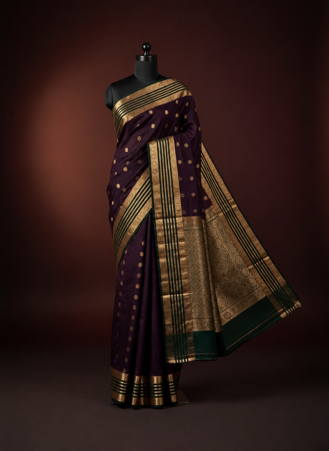 Dark Purple Soft Silk Saree With Green Border