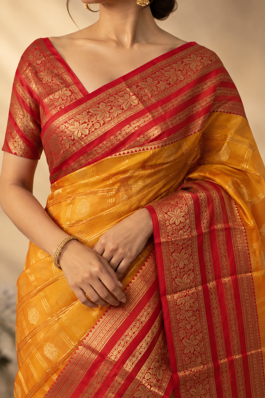 Mango Yellow Soft Silk Saree With Chilly Red Border
