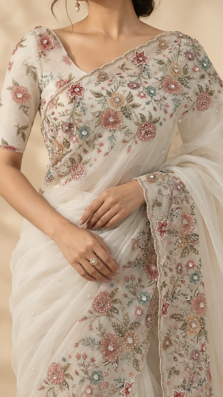Off-White Organza Saree With Floral Border