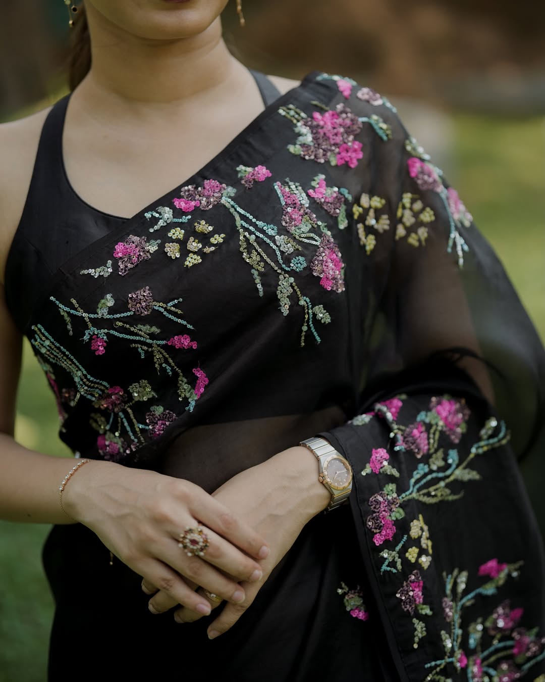 Black Organza Saree with Floral Border