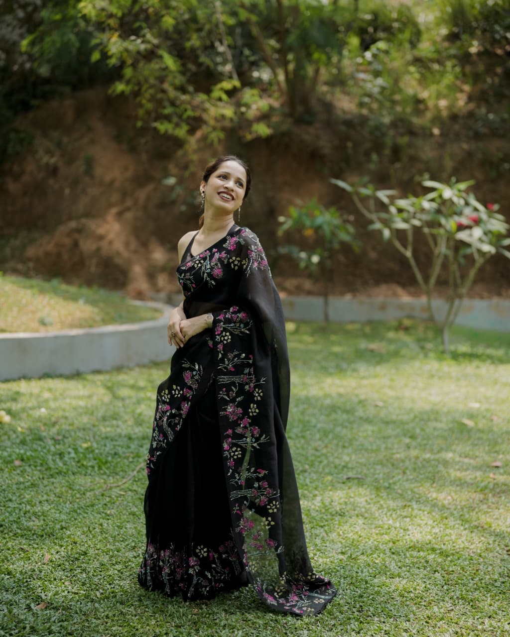 Black Organza Saree with Floral Border