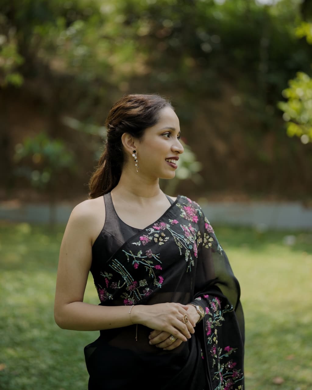 Black Organza Saree with Floral Border
