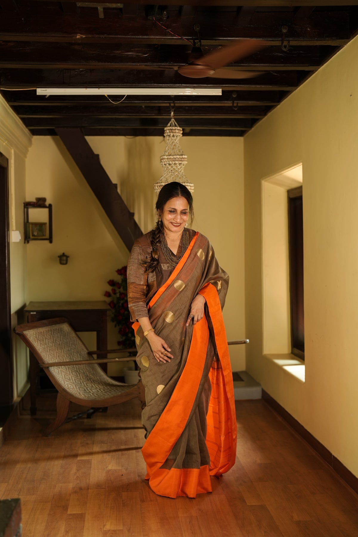 Grey Linen Kanchipuram with Orange Buttis