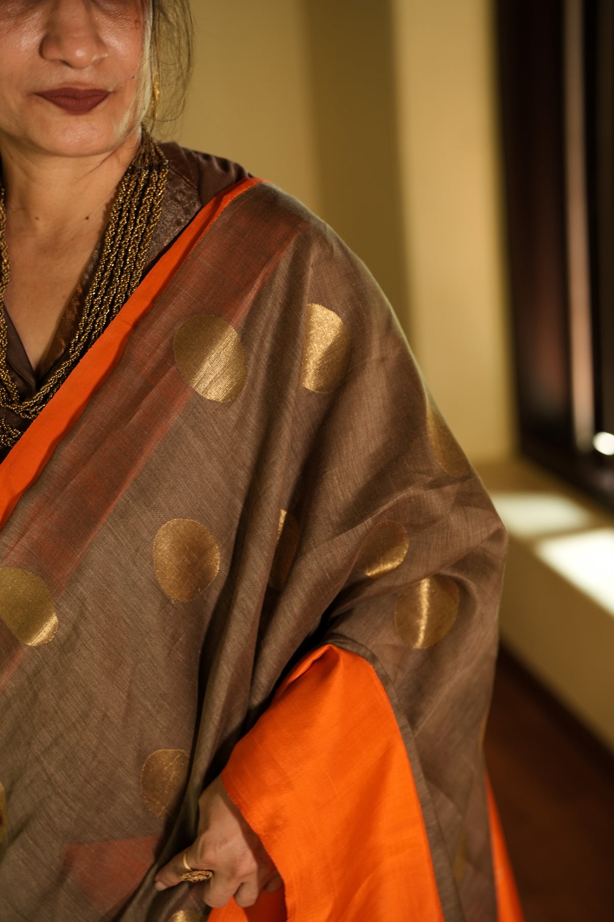 Grey Linen Kanchipuram with Orange Buttis