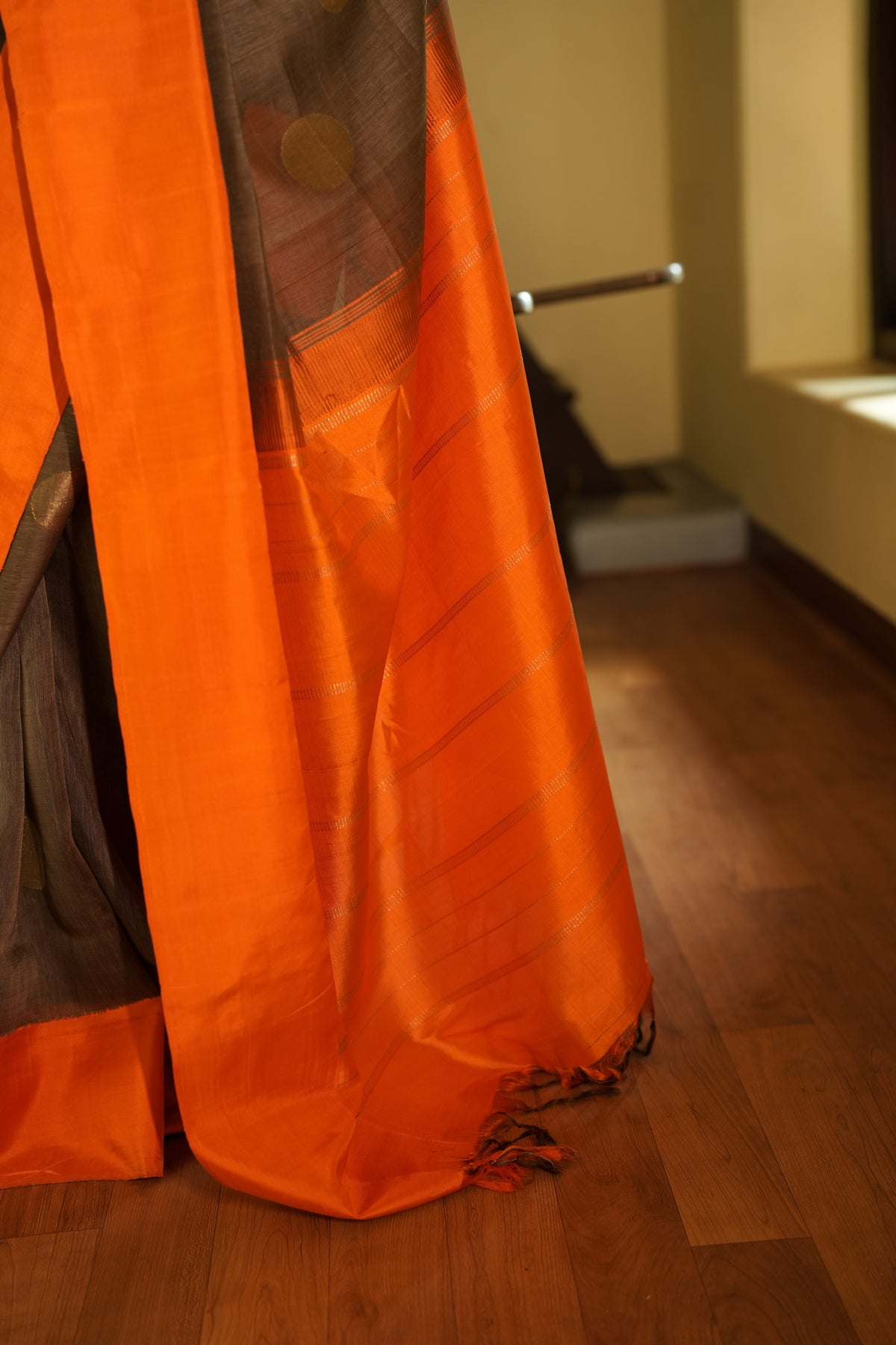 Grey Linen Kanchipuram with Orange Buttis