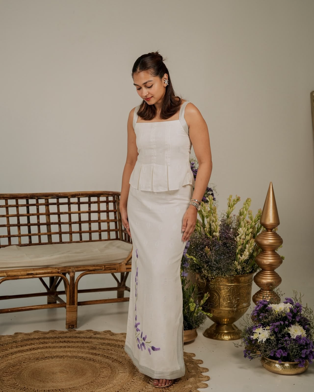 Handloom Jute Peplem Skirt Set With Lavenders