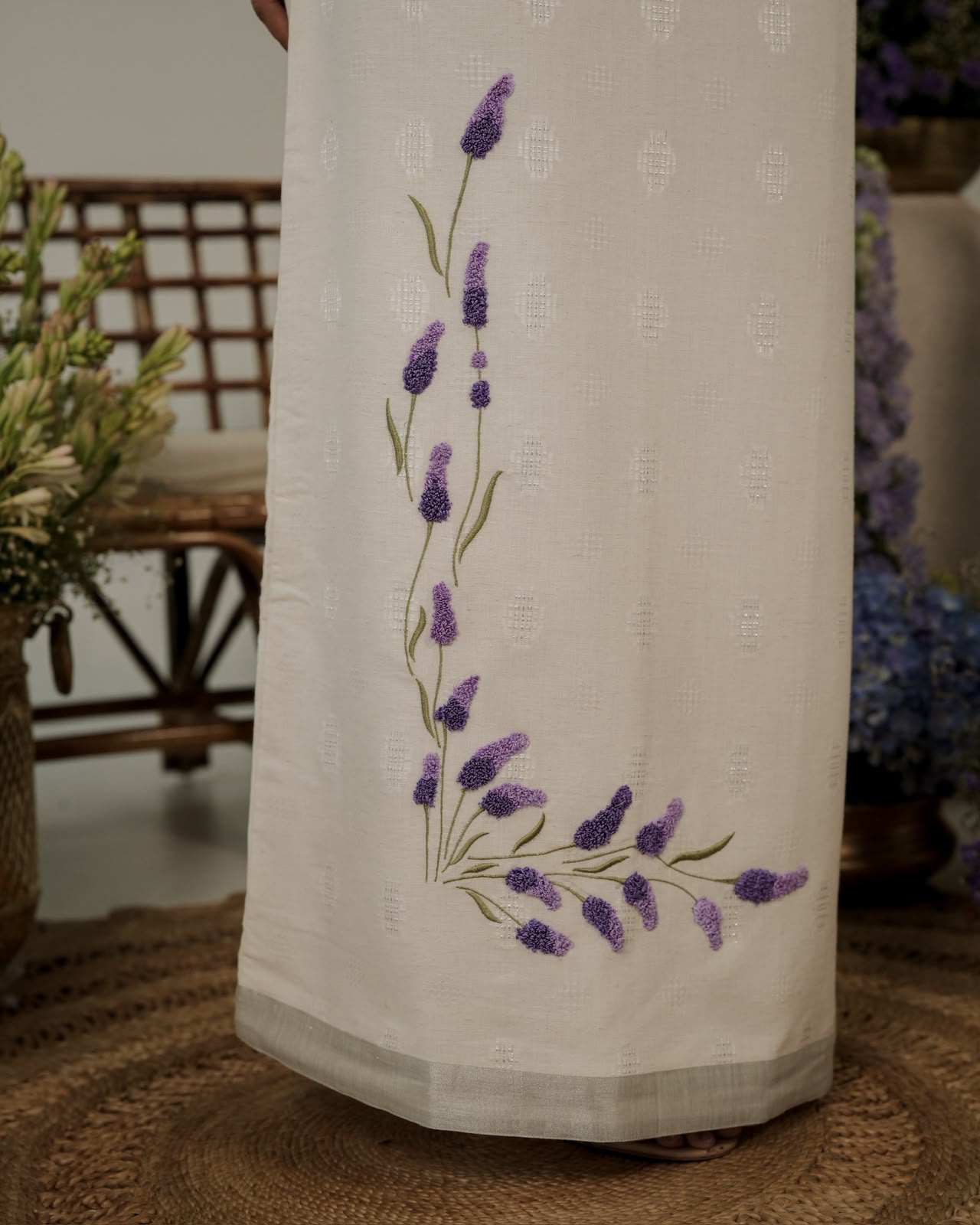 Handloom Jute Peplem Skirt Set With Lavenders