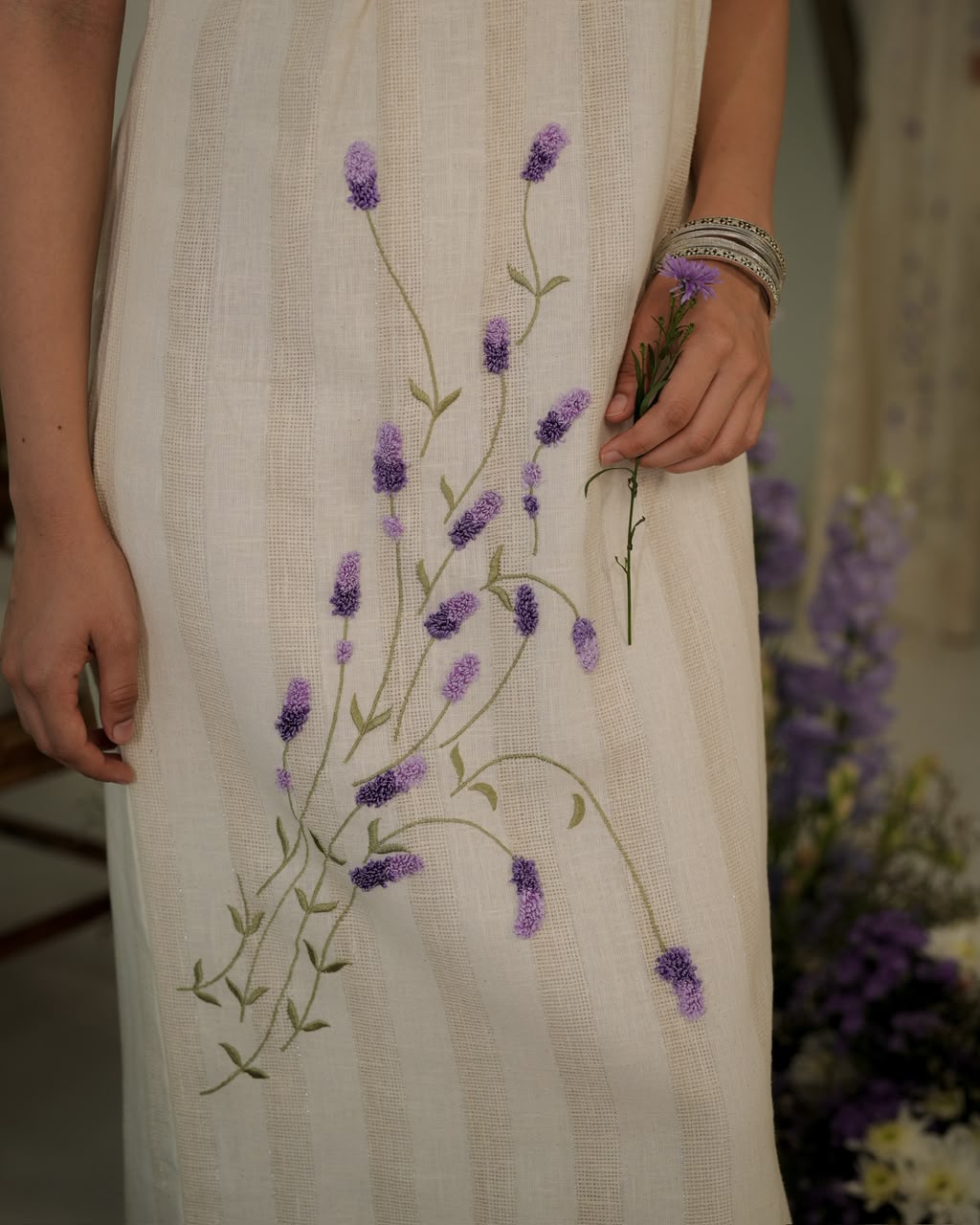 Jute Self Striped Pret Wear With Lavenders