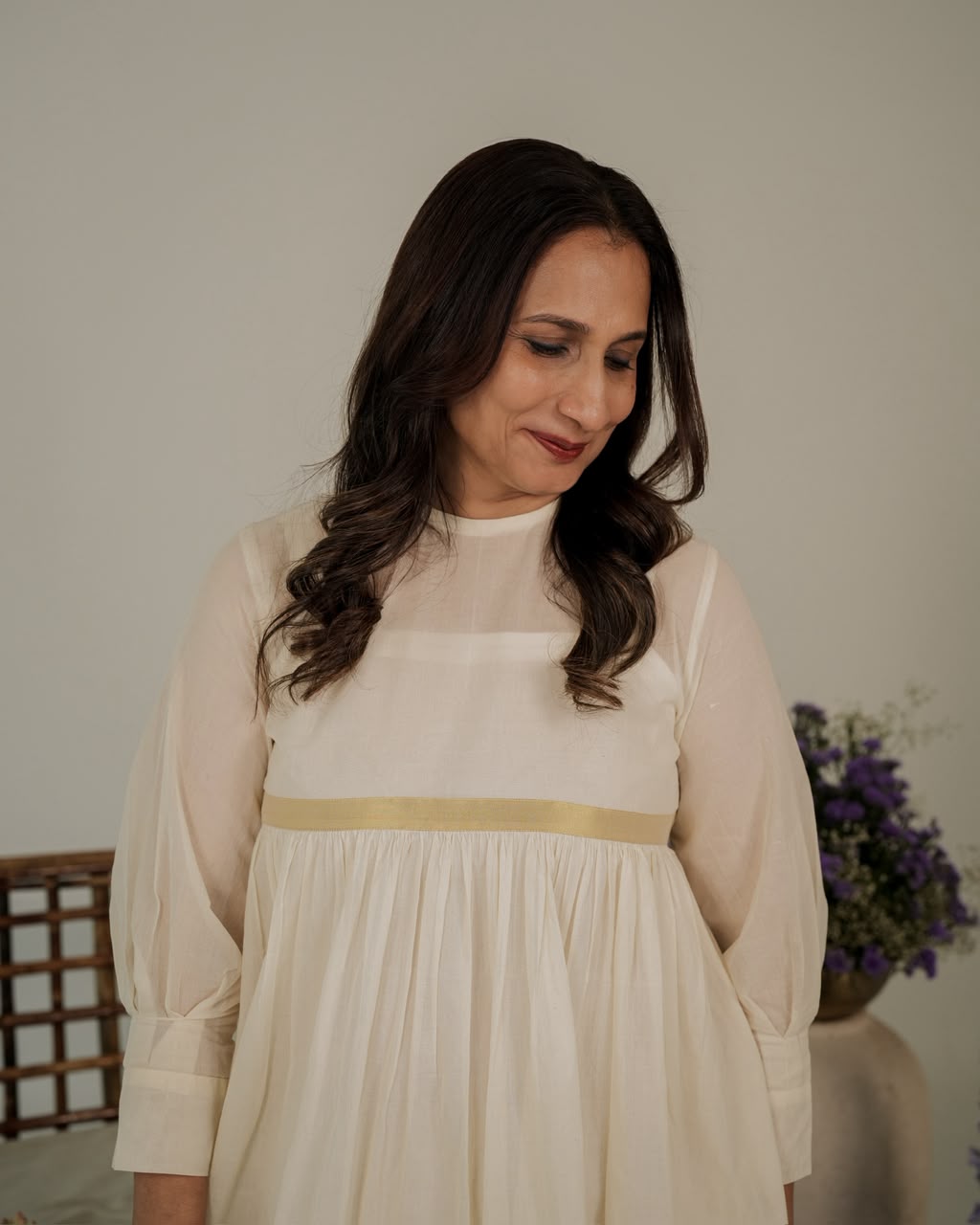 Pure Kerala Weave Scalloped Dress With Lavender