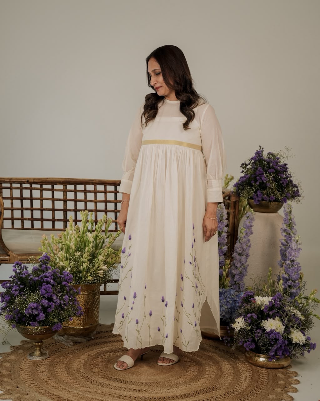 Pure Kerala Weave Scalloped Dress With Lavender
