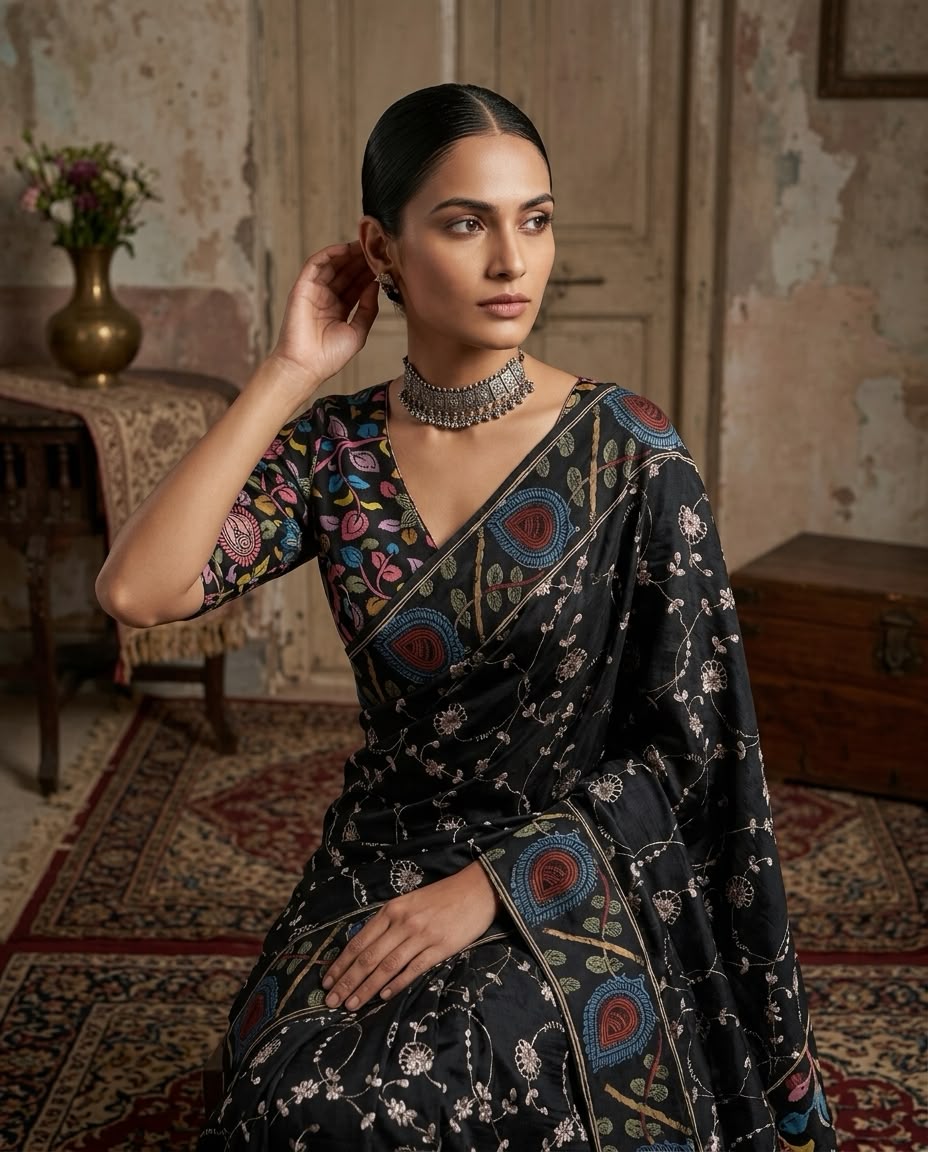 Kota with original hand kalamkari border and blouse-1