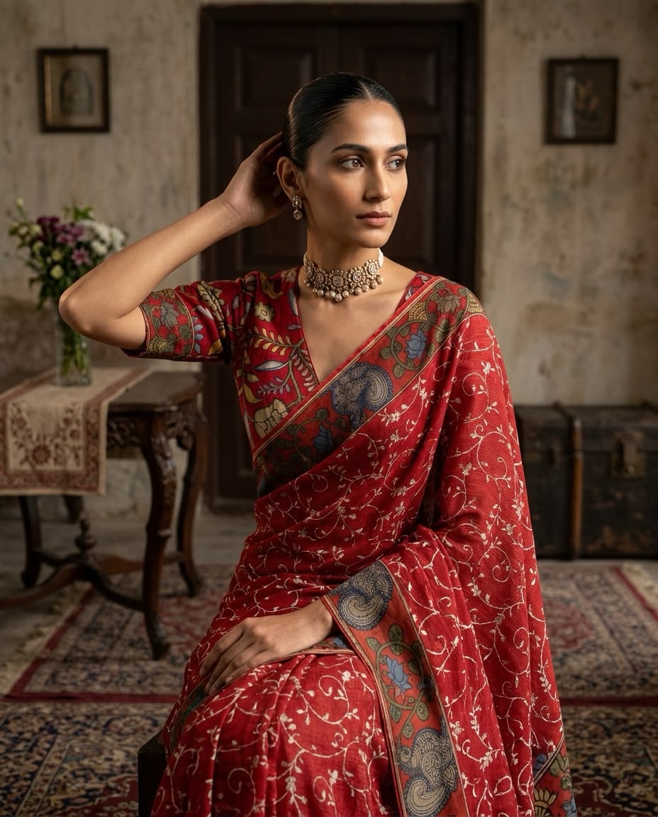 Kota with original hand kalamkari border and blouse-3
