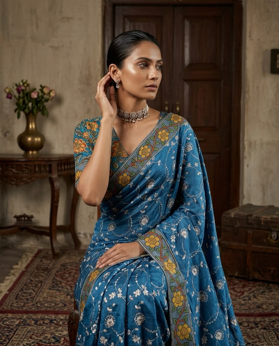 Kota with original hand kalamkari border and blouse-4