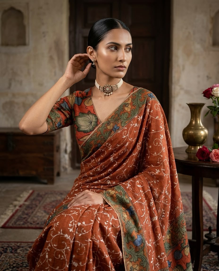 Kota with original hand kalamkari border and blouse-6