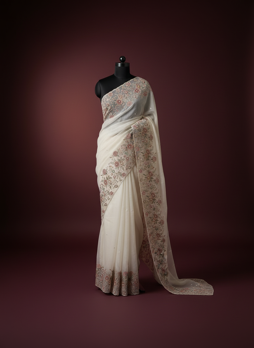 Off-White Organza Saree With Floral Border