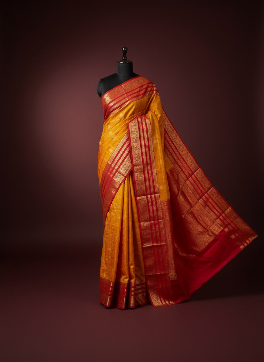 Mango Yellow Soft Silk Saree With Chilly Red Border