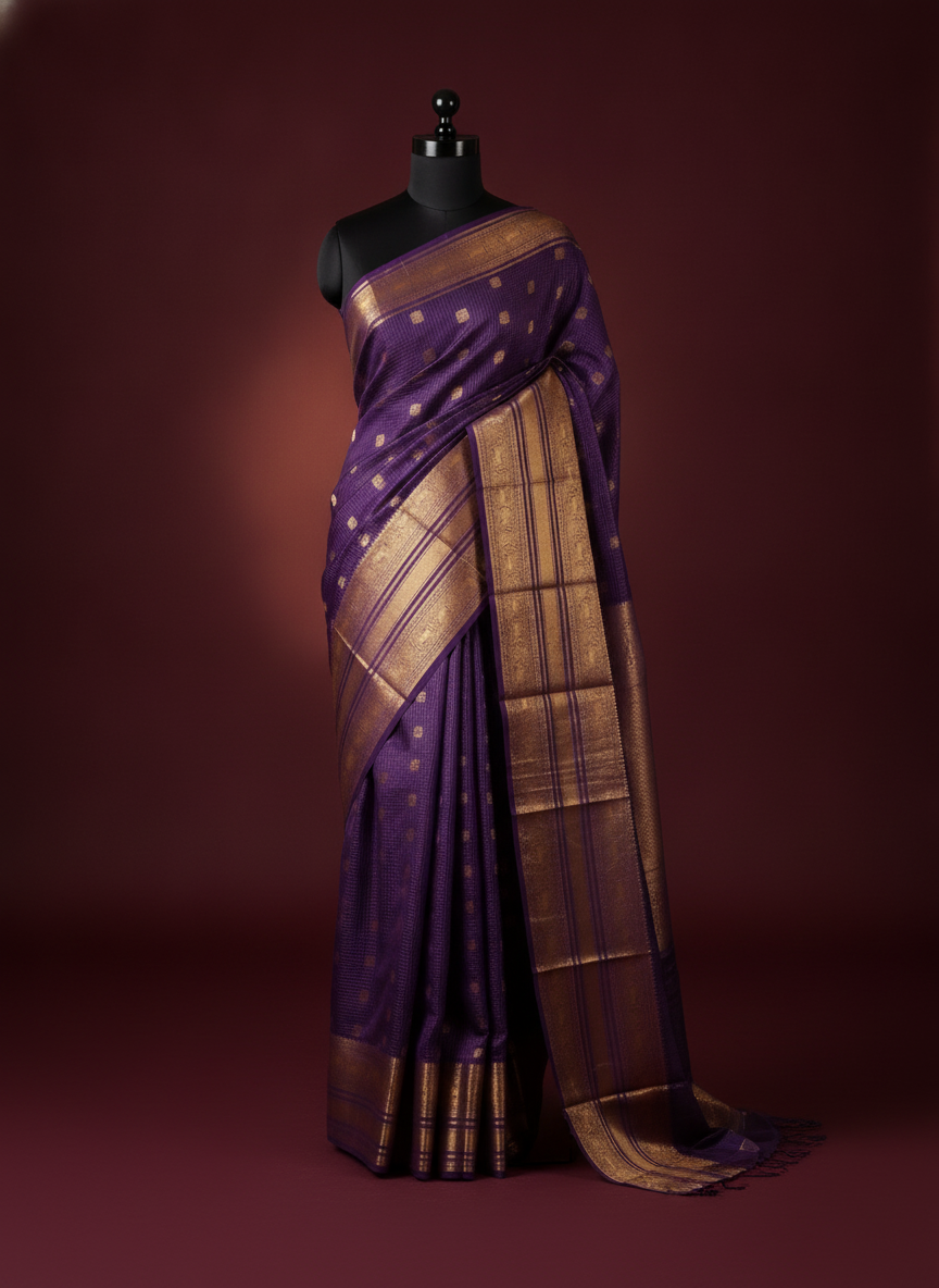 Violet Soft Silk Saree With Antique Gold Border