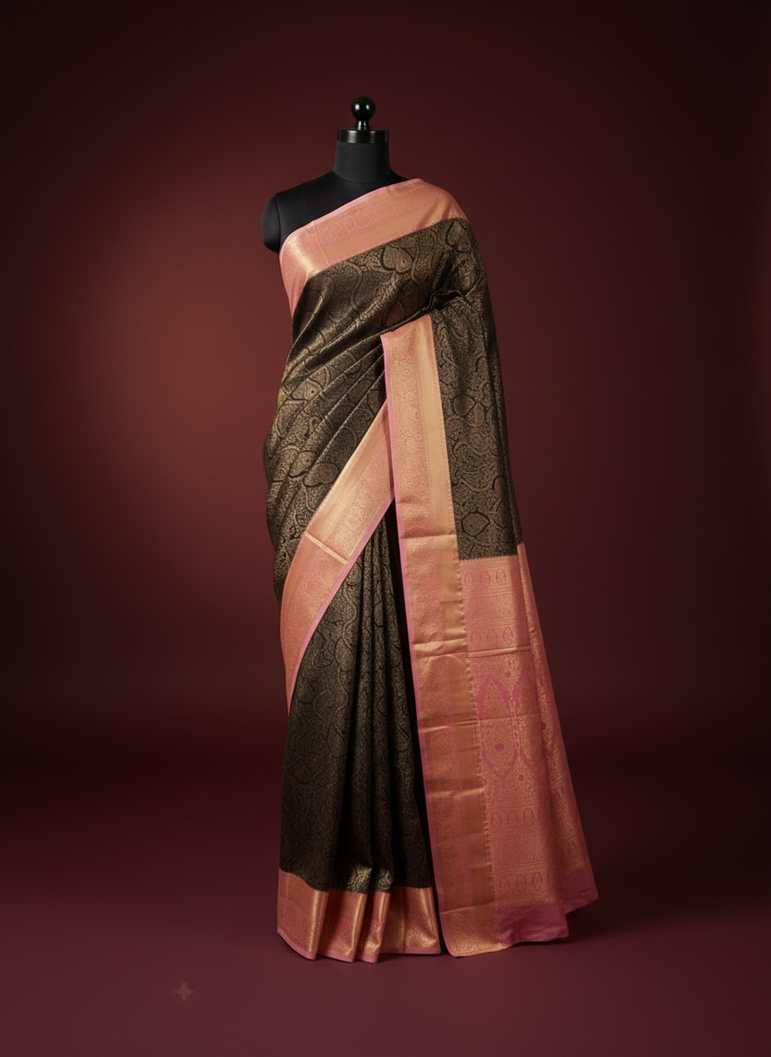 Black Semi Silk Saree With Pink Border