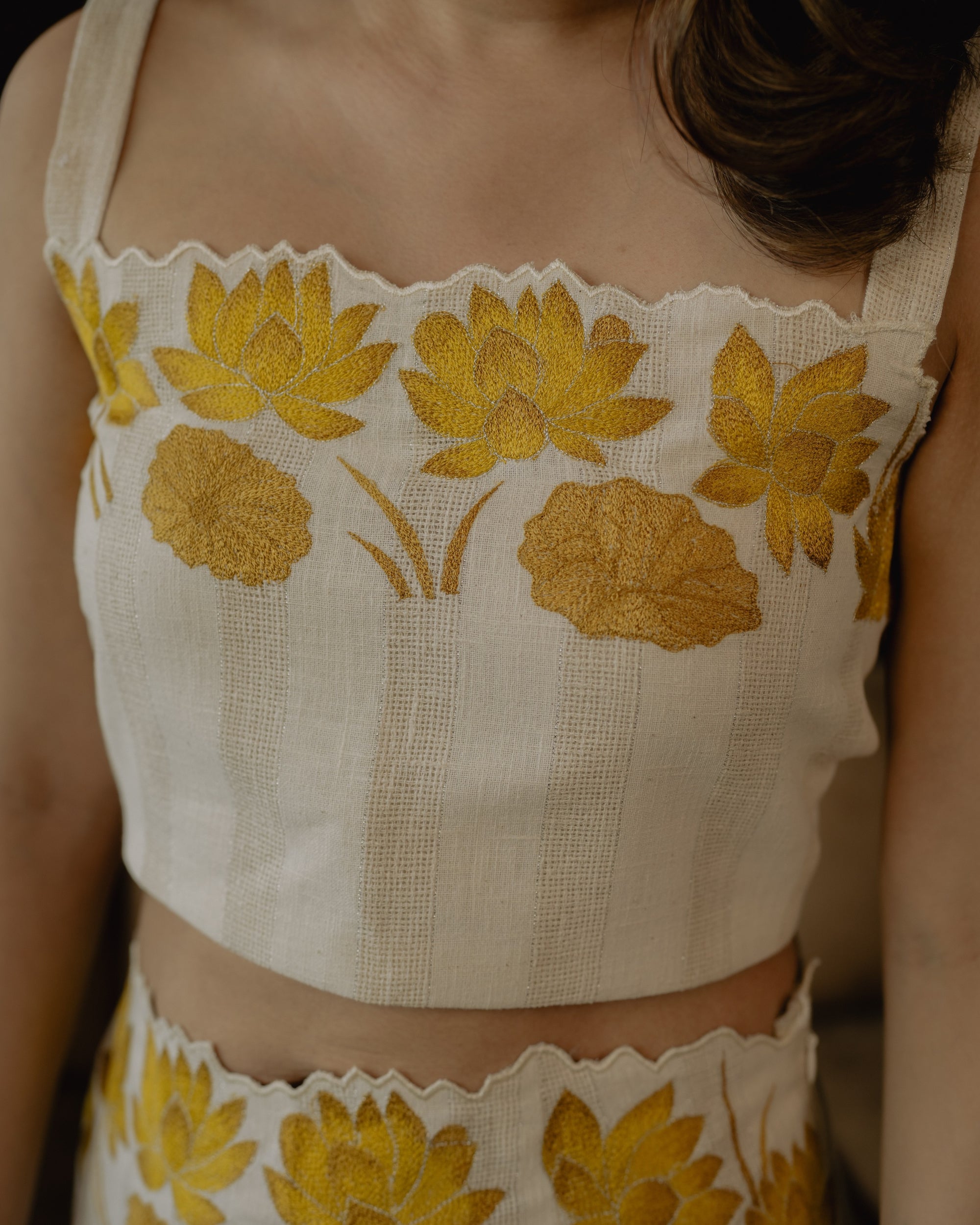 Jute Asymmetrical skirt set with yellow lotus embroidery-