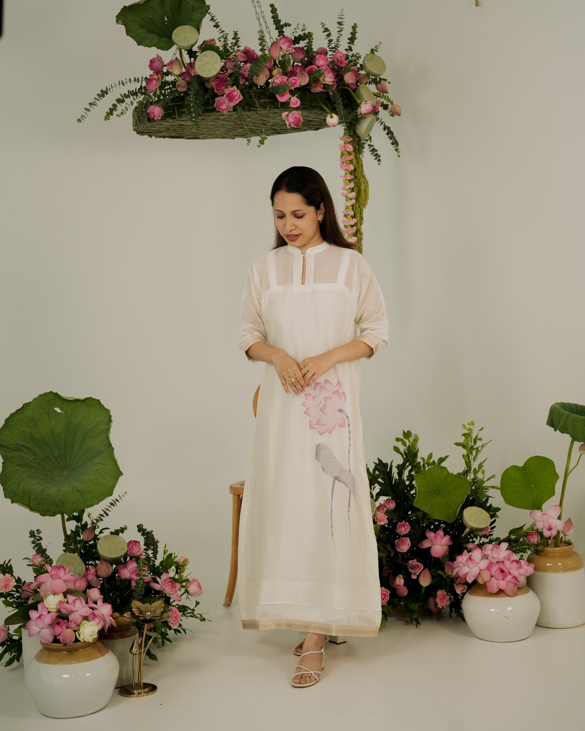 Pure Banarasi Baggy Dress With Ash Mauve Lotus