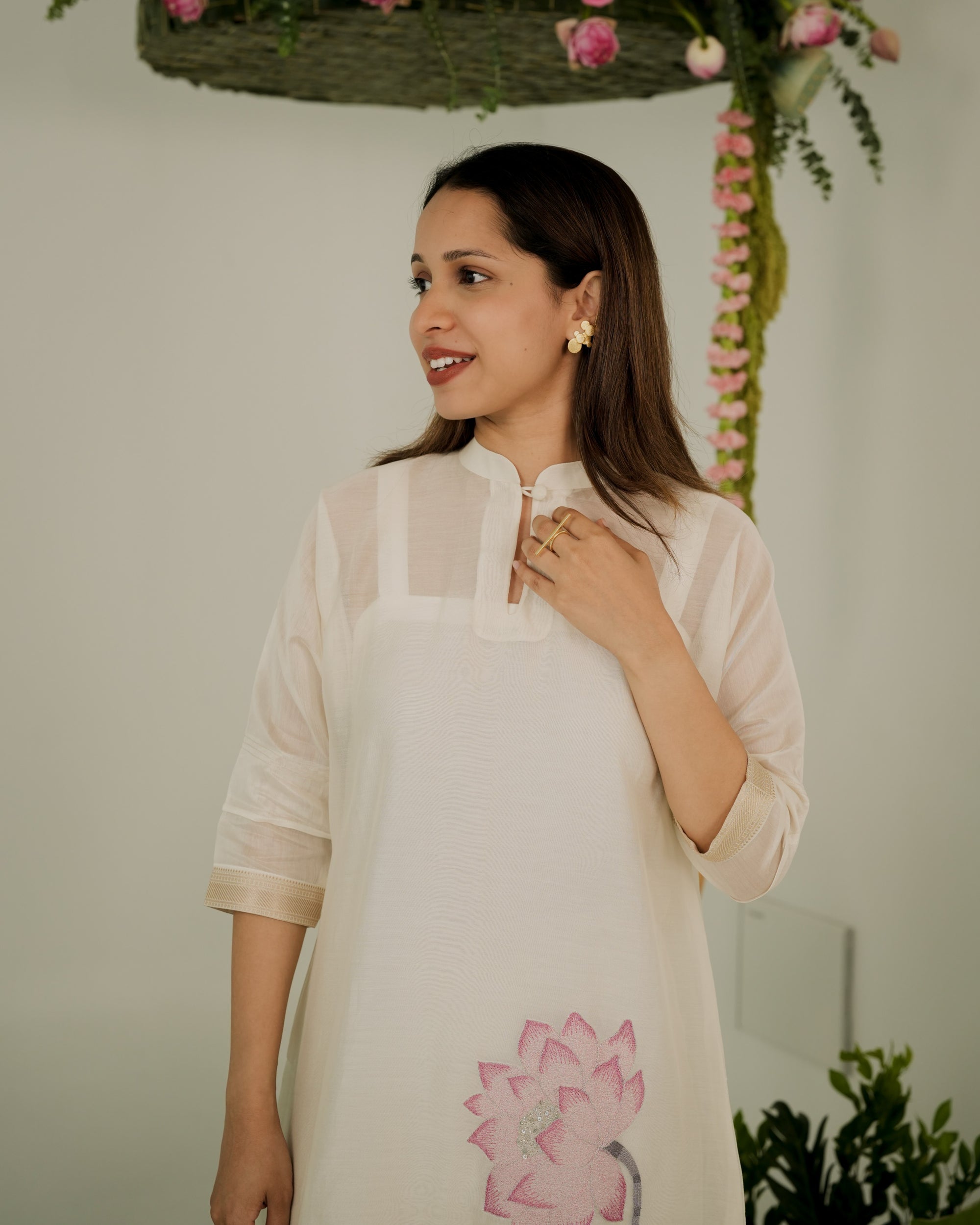 Pure Banarasi Baggy Dress With Ash Mauve Lotus