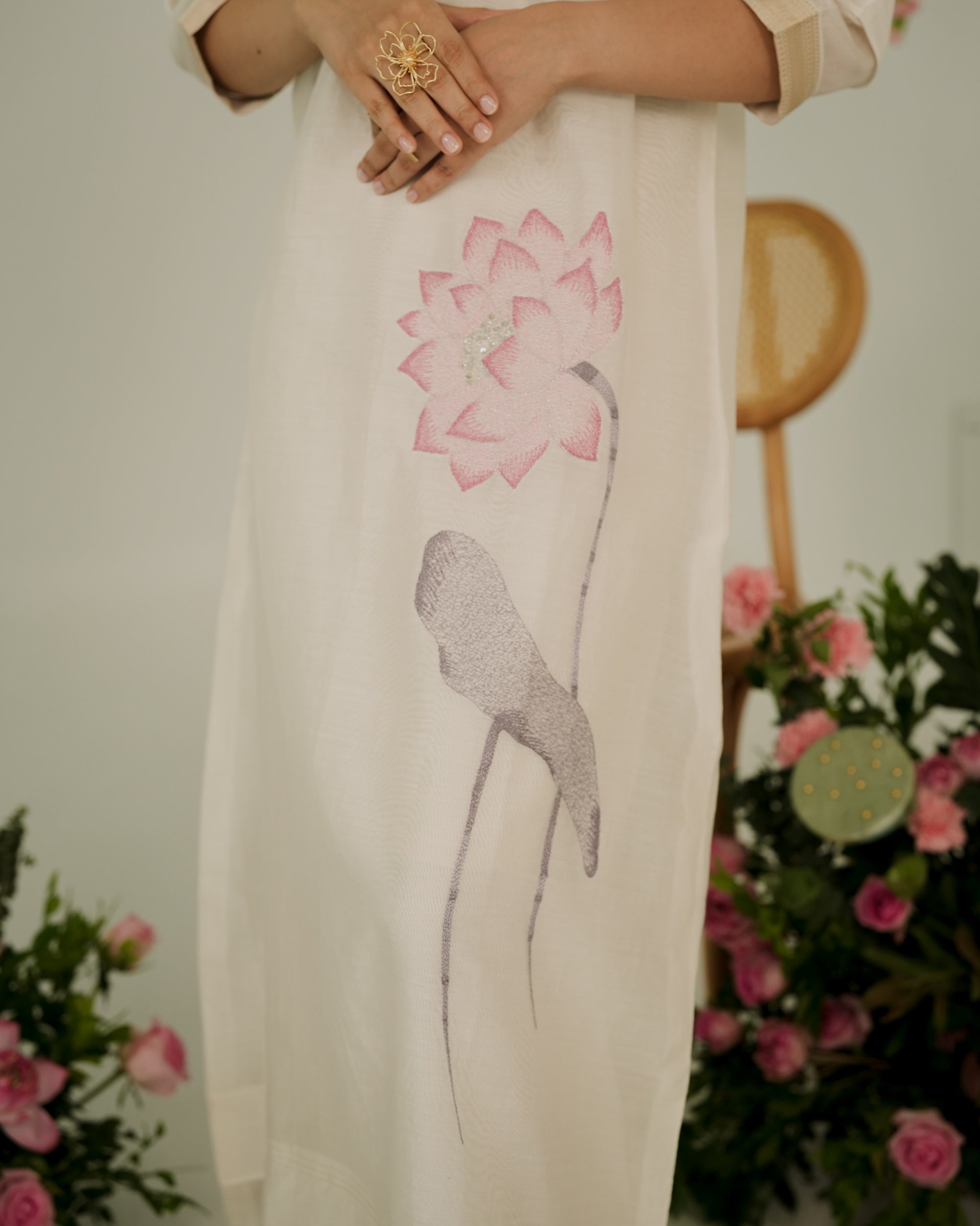 Pure Banarasi Baggy Dress With Ash Mauve Lotus