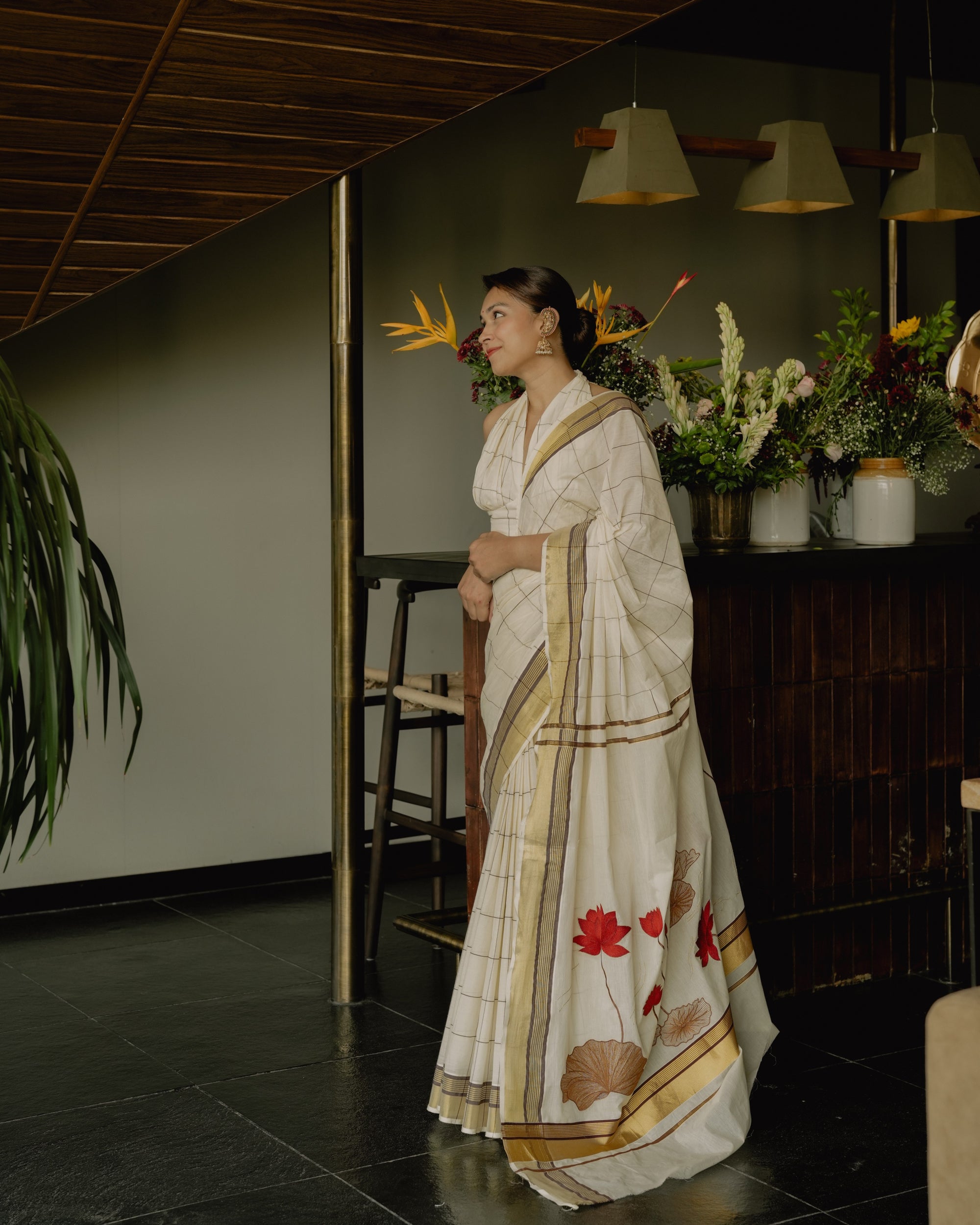 Pure Kerala Checkered Saree with embroidered pallu