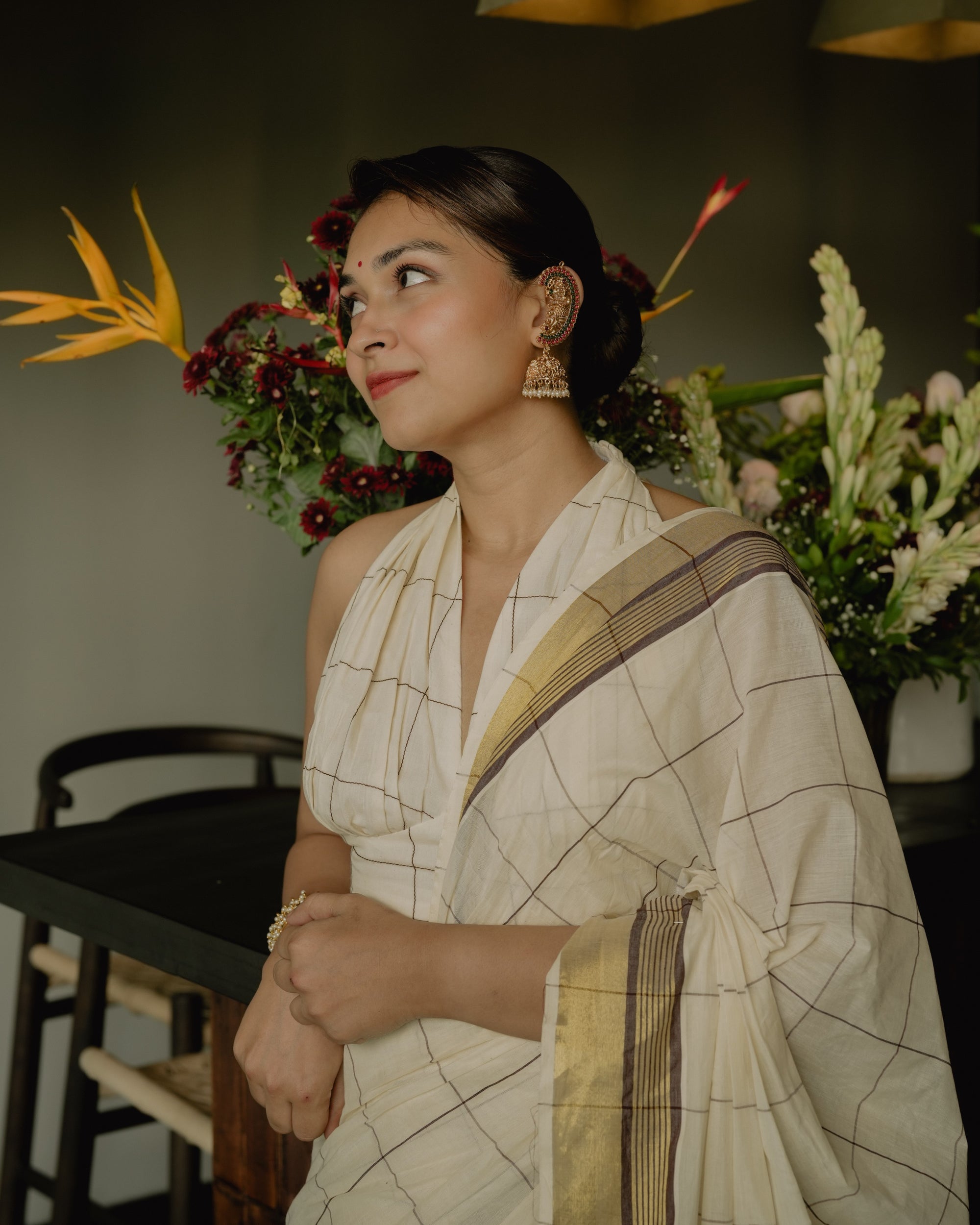 Pure Kerala Checkered Saree with embroidered pallu