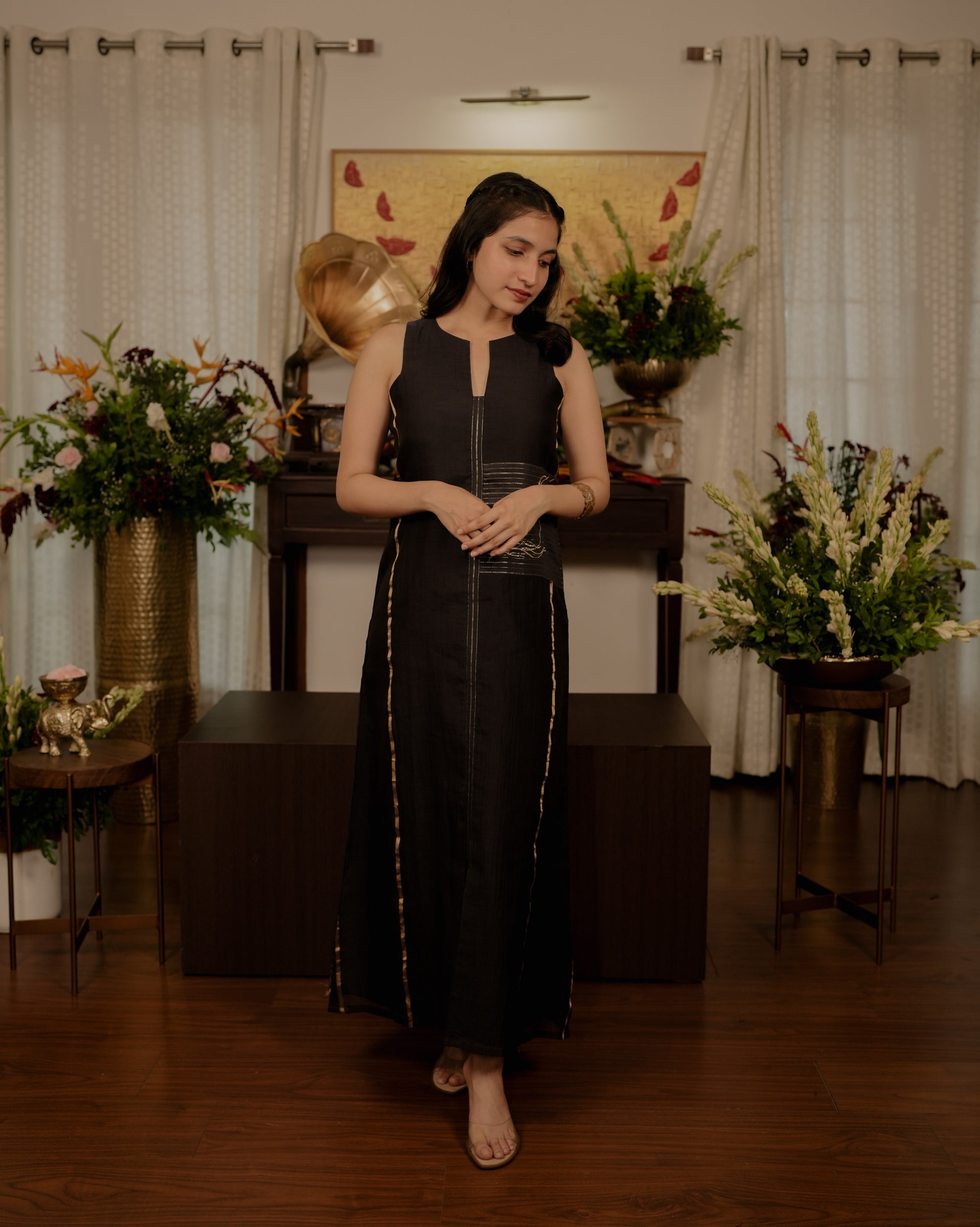 Pure Banarasi Jari Lined Dress With Pita Work 5B(Black)