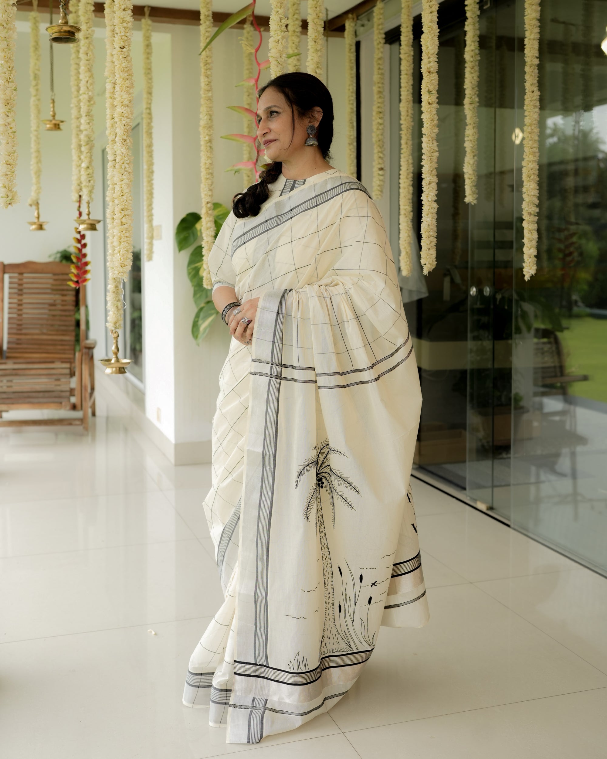 Kerala Checks Saree with Coastal Embroidery