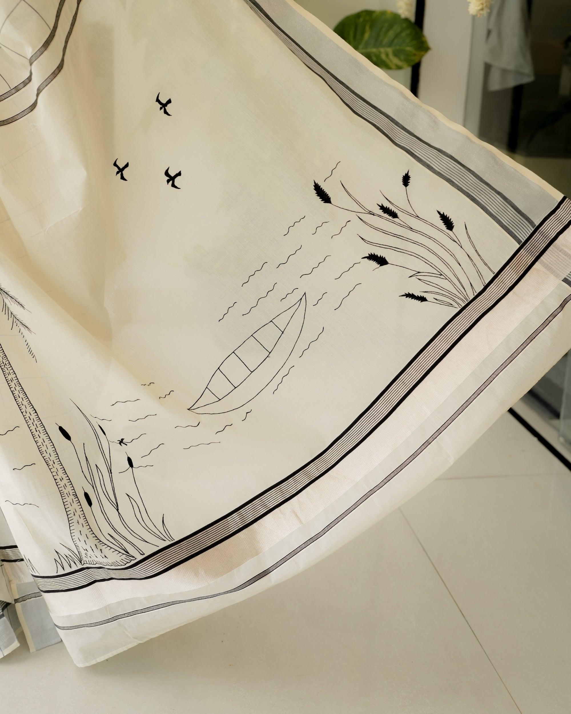 Kerala Checks Saree with Coastal Embroidery