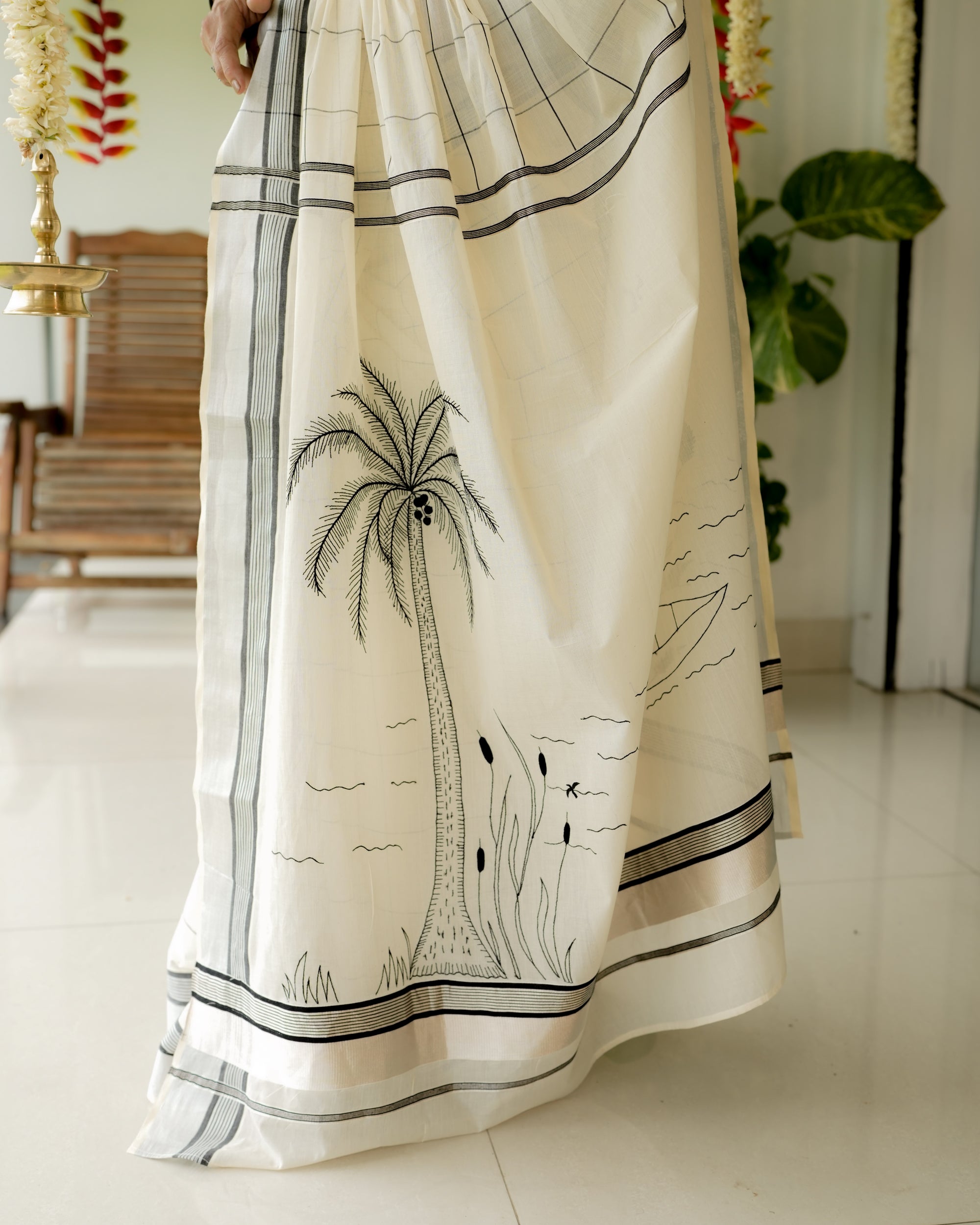 Kerala Checks Saree with Coastal Embroidery